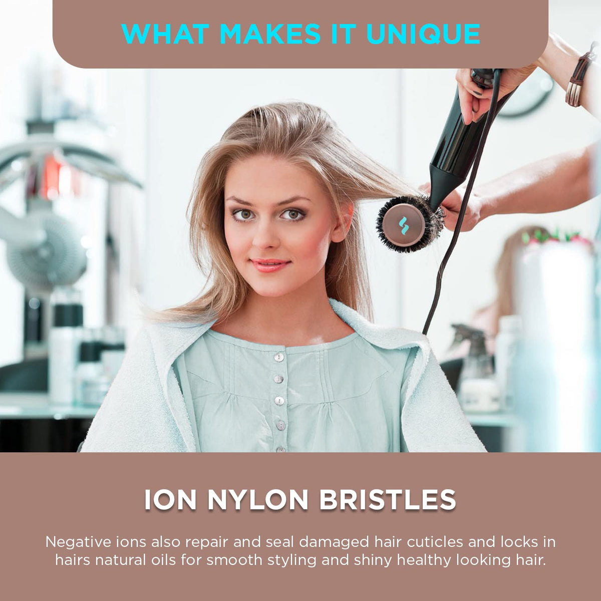 Spornette round brush in use during a blowout for defined volume.