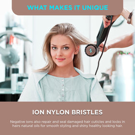 Spornette round brush in use during a blowout for defined volume.