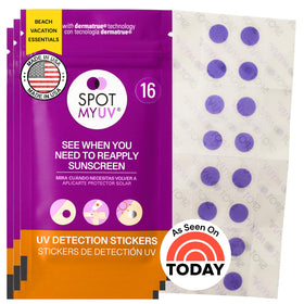 SpotMyUV UV detection sticker on skin shows active sun protection.