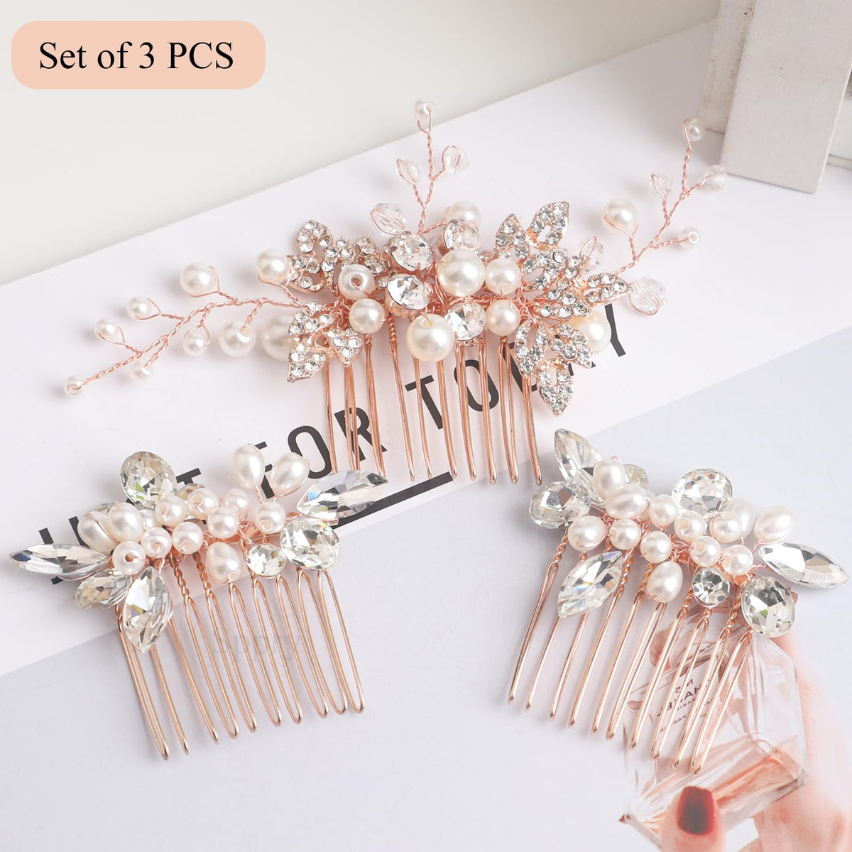 Sppry bridal floral crystal hair accessory in rose gold enhances wedding hairstyles.