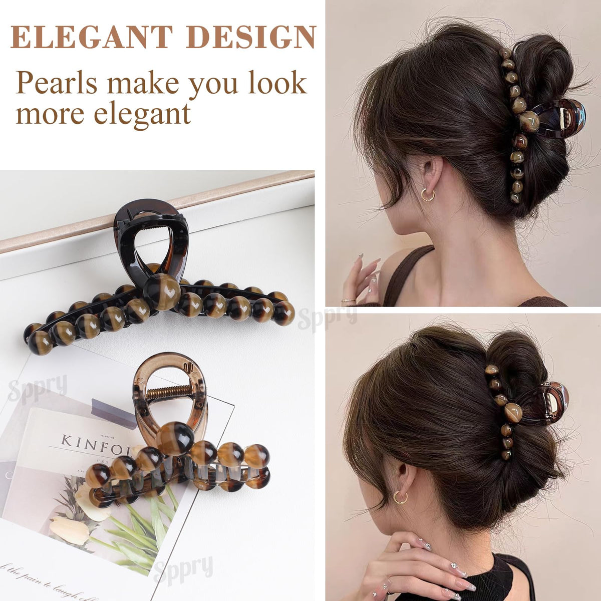 Sppry Elegant Pearl Claw Clip black matte finish provides secure grip.