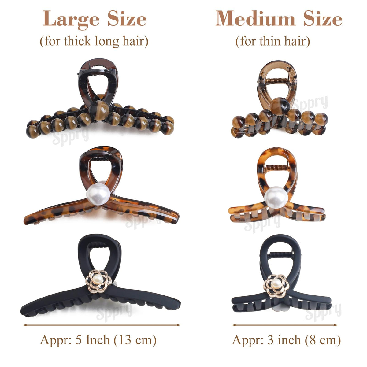 Sppry Elegant Pearl Claw Clip brown 5-inch for thick hair grip.