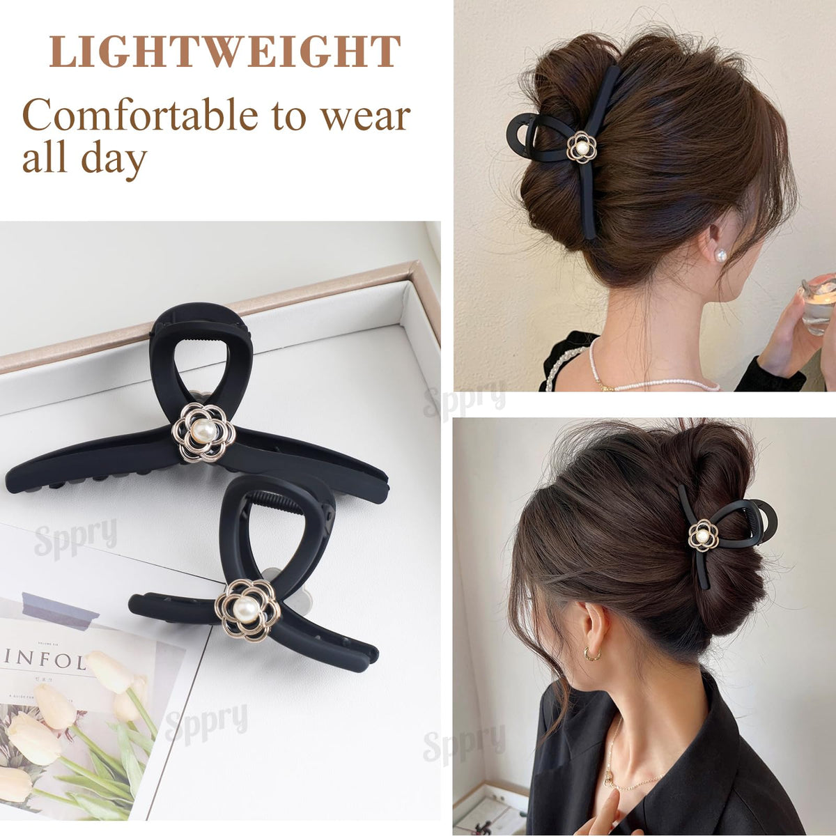 Sppry Pearl clip in action holds a sleek bun.