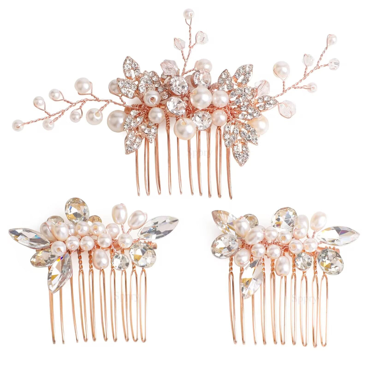 Sppry rose gold rhinestone pearl hair combs set of 3 for bridal updos, adds sparkle.
