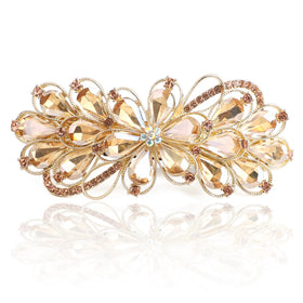 Sppry large rhinestone hair barrette with champagne flower design adds sparkle to updos