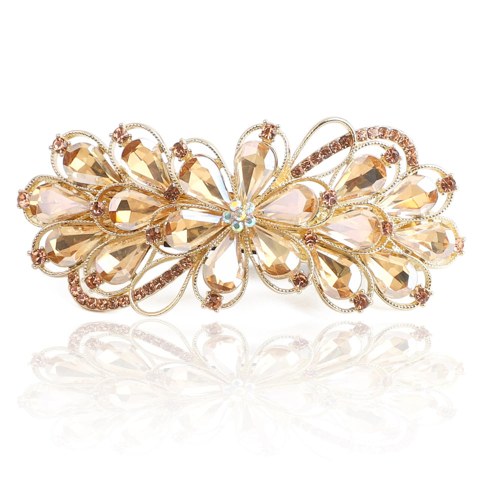 Sppry large rhinestone hair barrette with champagne flower design adds sparkle to updos
