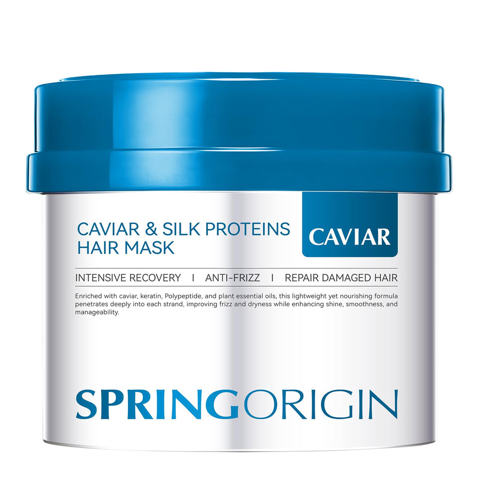 SpringOrigin Caviar & Silk Mask packaging highlights premium formula for at‑home salon results.