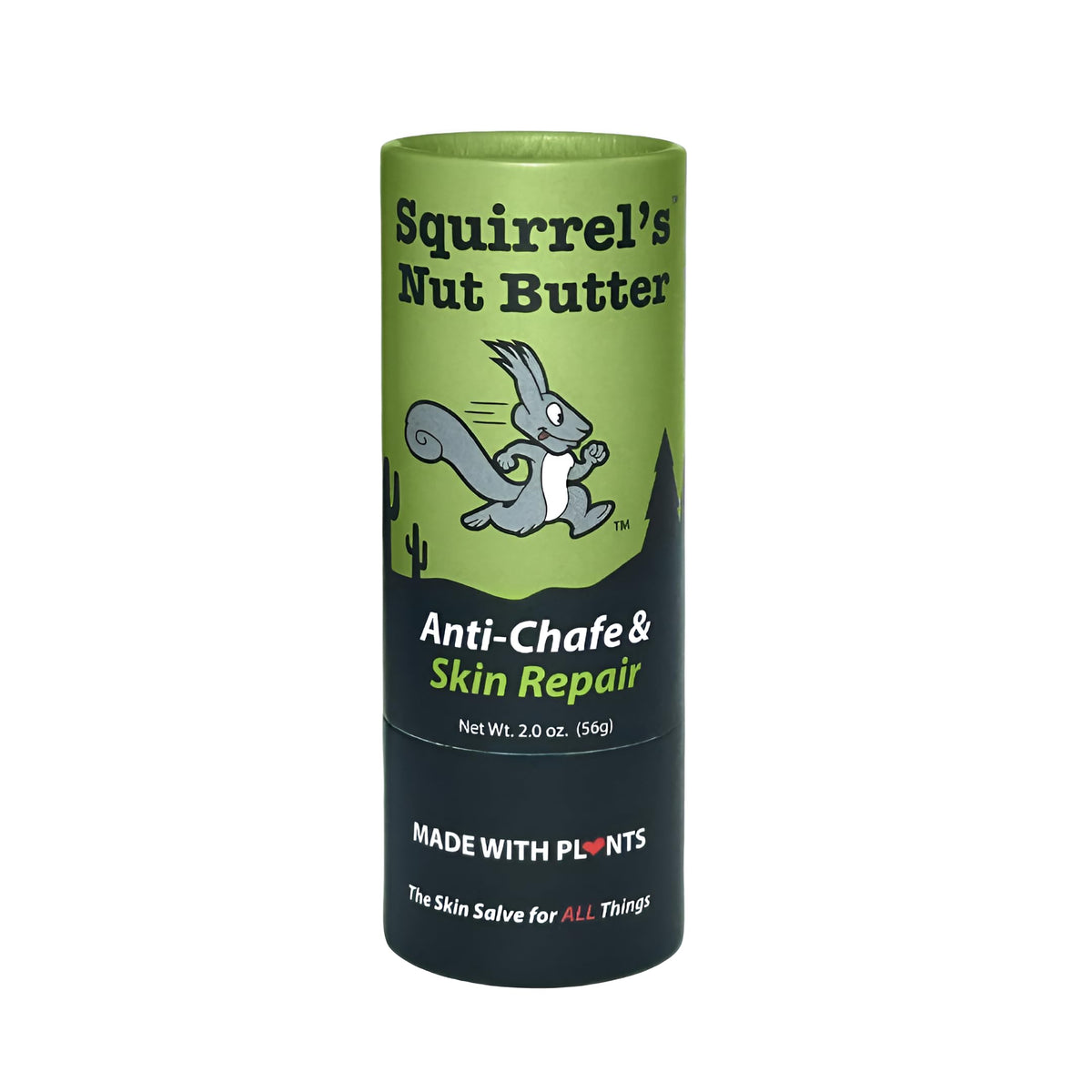 Squirrel’s Nut Butter anti-chafe tube packaging showing a compostable tube for mess-free use