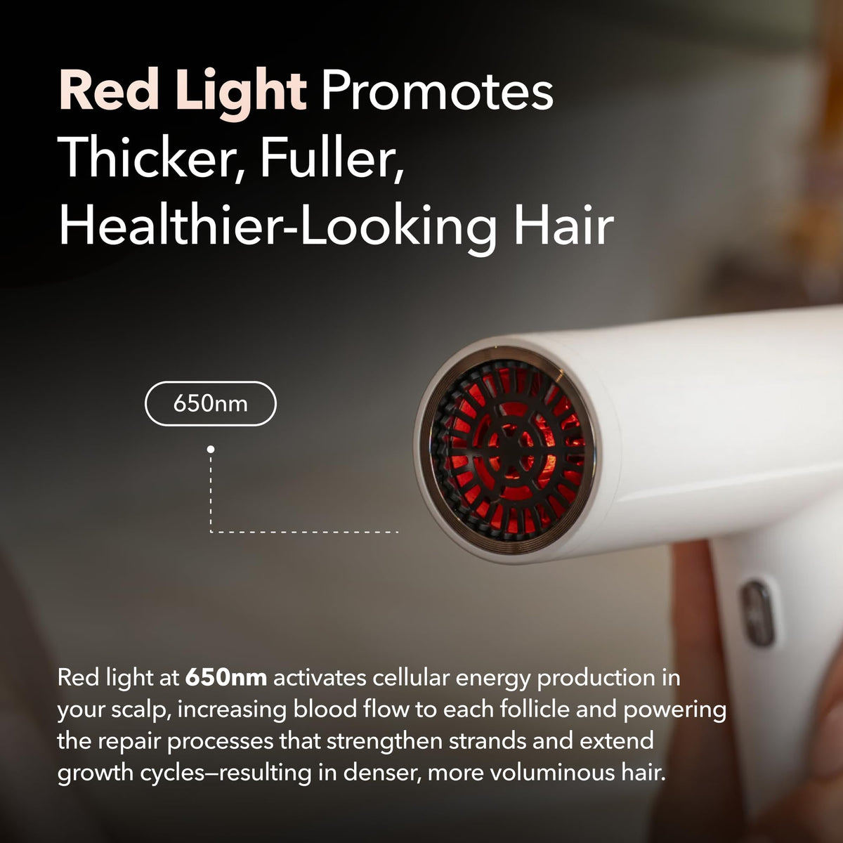 SRILabs DryQ ionic technology image highlights frizz reduction and shine.