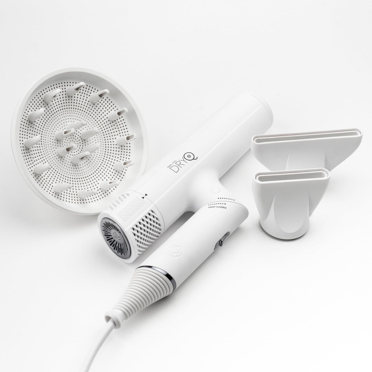 SRILabs DryQ hair dryer in white, folded-friendly for travel and compact storage.