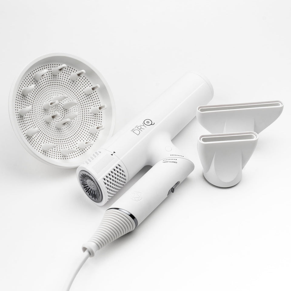 SRILabs DryQ hair dryer in white, folded-friendly for travel and compact storage.