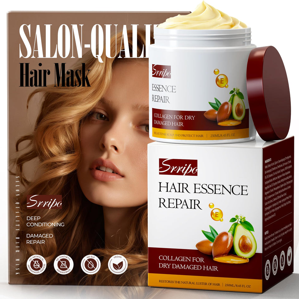 Srripo collagen hair mask jar close-up, rich conditioning formula.