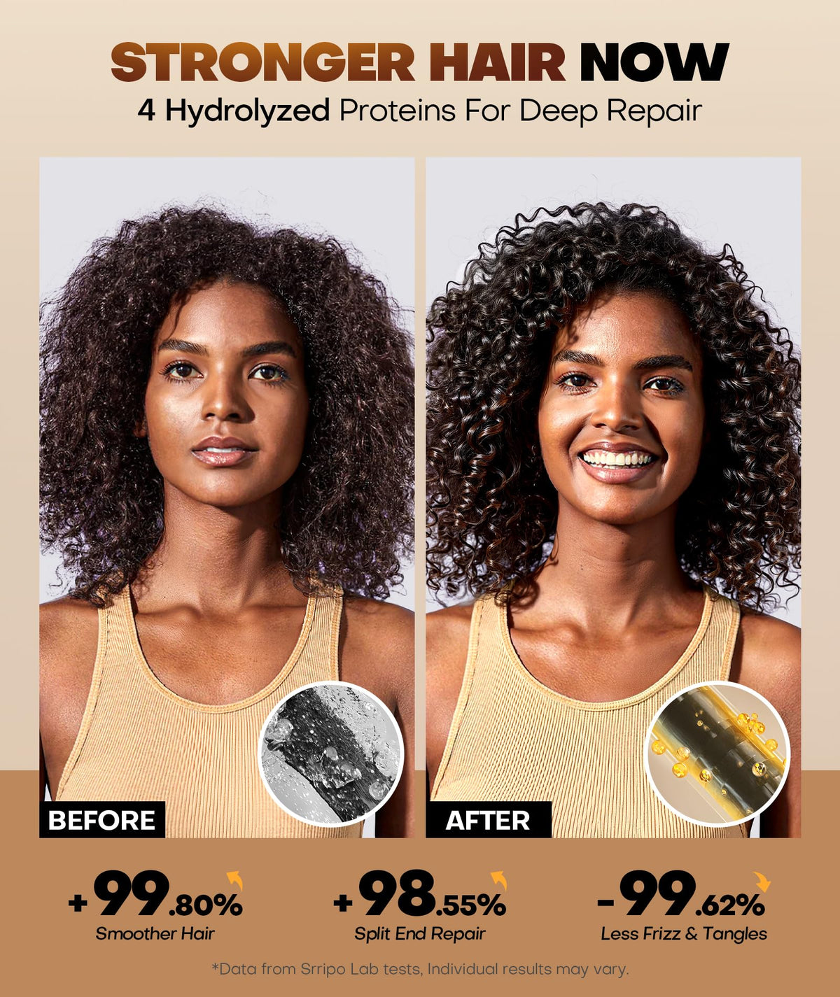 Srripo oils blend in bottle demonstrates frizz control and healthy shine.