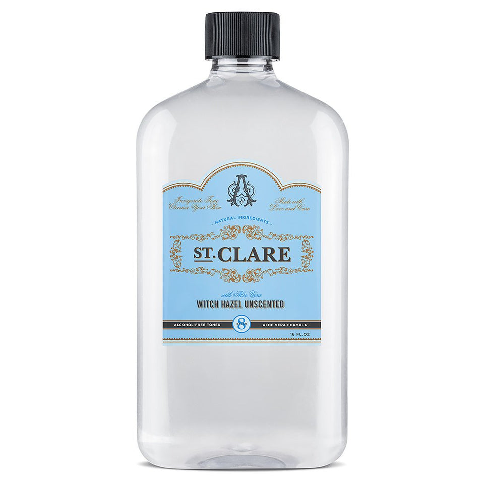 St Clare Aloe & Witch Hazel toner bottle closeup, fragrance-free gentle cleanse for sensitive skin