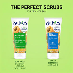 St. Ives natural exfoliants close-up with apricot texture and gentle scrub beads.