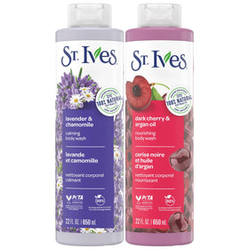St. Ives Dark Cherry and Argan Oil body wash bottle displaying nourishing formula for moisturized skin.