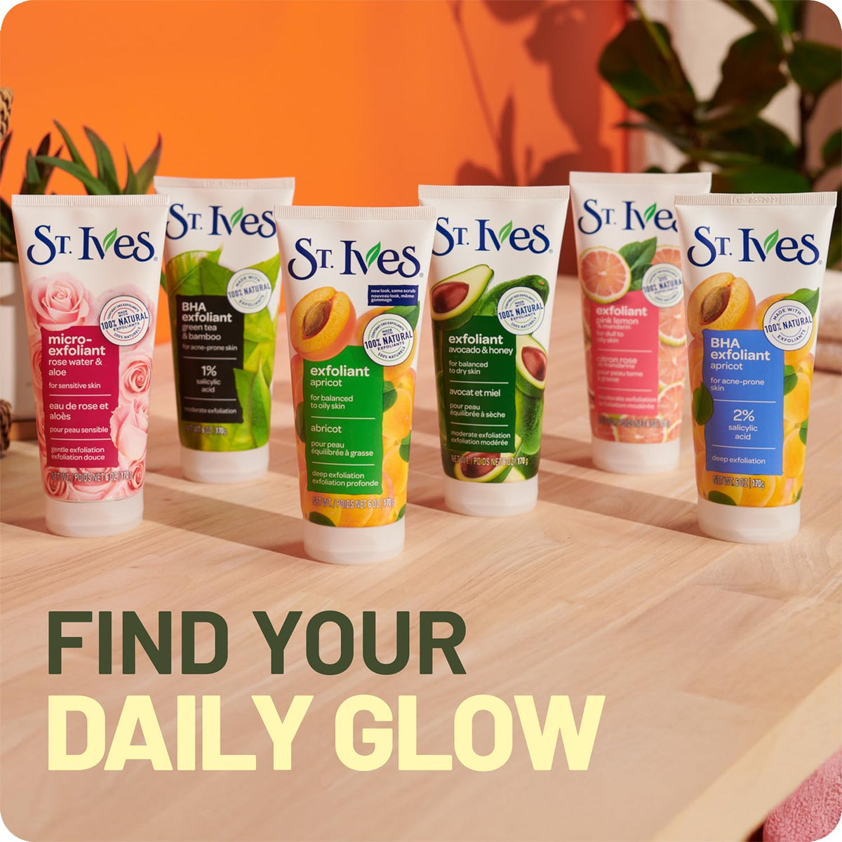Six-pack product shot of St. Ives face lotion on table