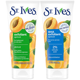 St. Ives Fresh Skin Exfoliant 2-Pack bottle and scrub, promoting smooth, balanced skin.