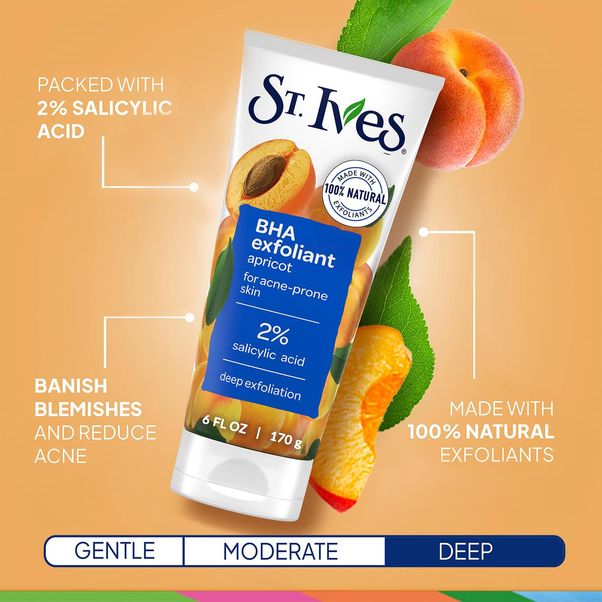 St. Ives Green Tea Bamboo scrub bottle highlights gentle exfoliation.