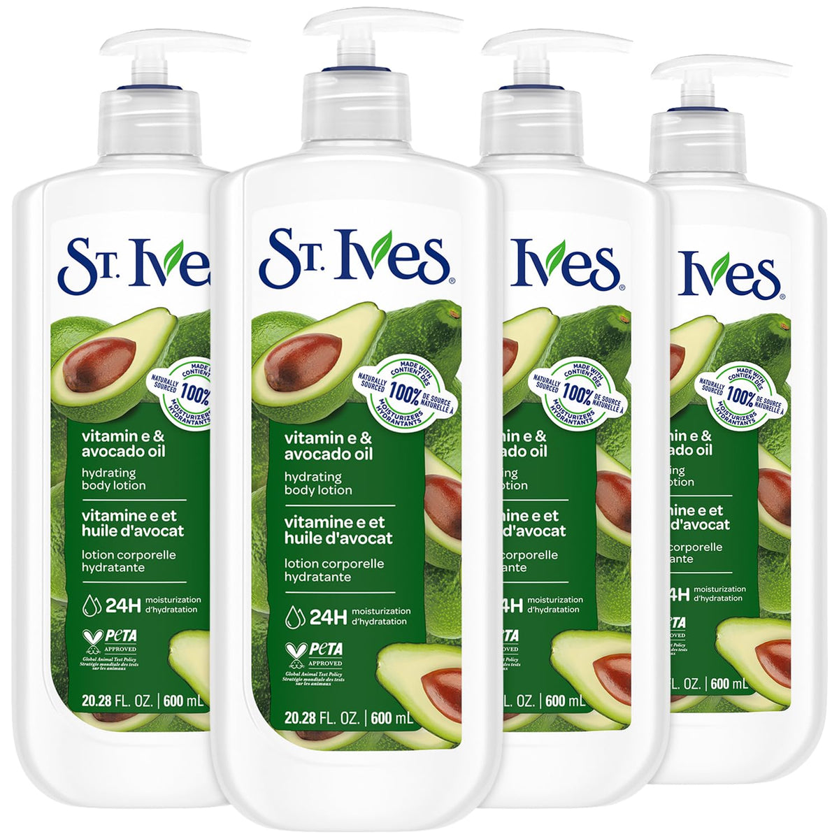 St. Ives Hand and Body Lotion 4-pack, front view, shows 24-hour hydration label.