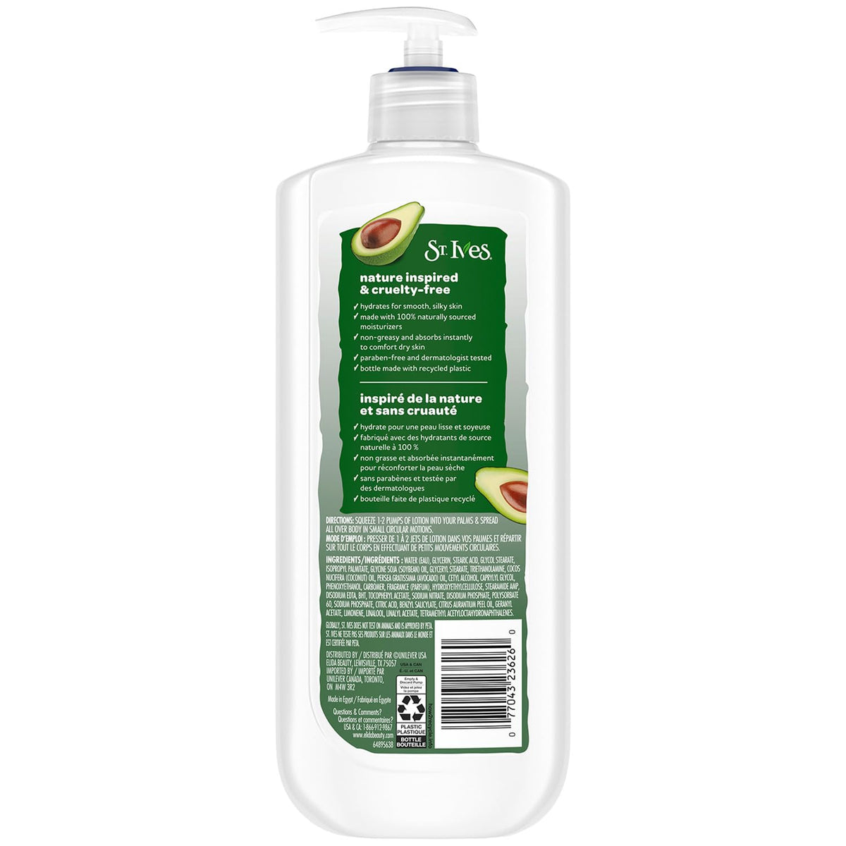 St. Ives Hand and Body Lotion pump bottle closeup highlighting smooth, non-greasy feel.