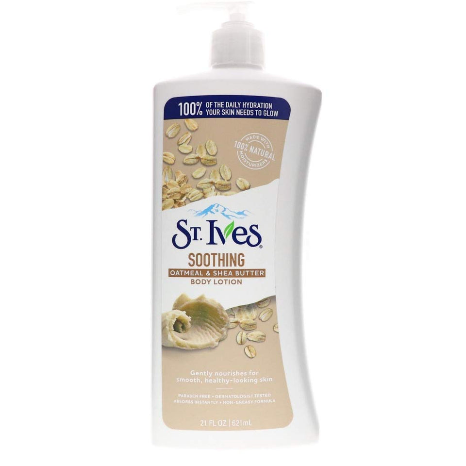 St. Ives Nourish & Soothe lotion bottle showing oatmeal and shea butter hydration benefits