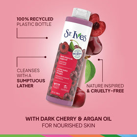 Recycled plastic bottle label on ST. IVES body wash with eco-friendly packaging.