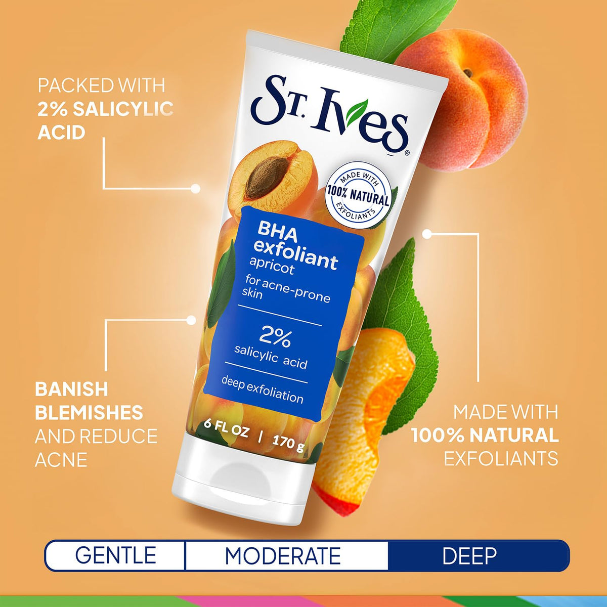 St. Ives Apricot Scrub texture close-up with fine beads for exfoliation.