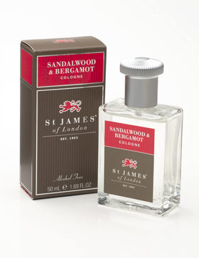St James of London bottle closeup shows Sandalwood Bergamot profile, ideal for evening refinement.