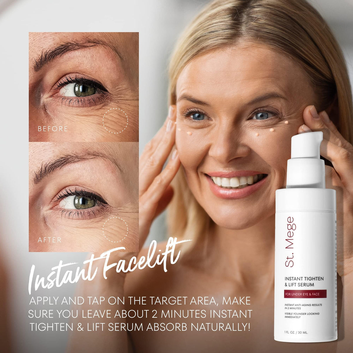 Product on display with lifted-looking skin after use