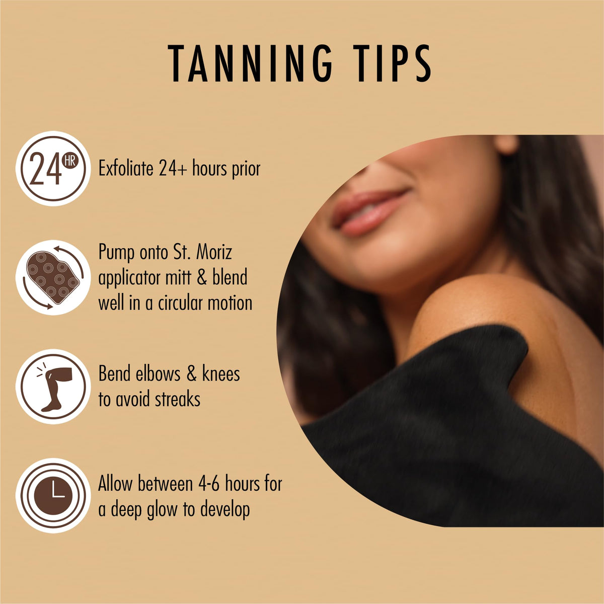 St. Moriz developing time visual shows 4–6 hour tan development.