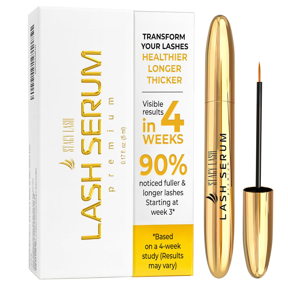 Stacy Lash Growth Serum bottle close-up, premium packaging for healthier lashes.