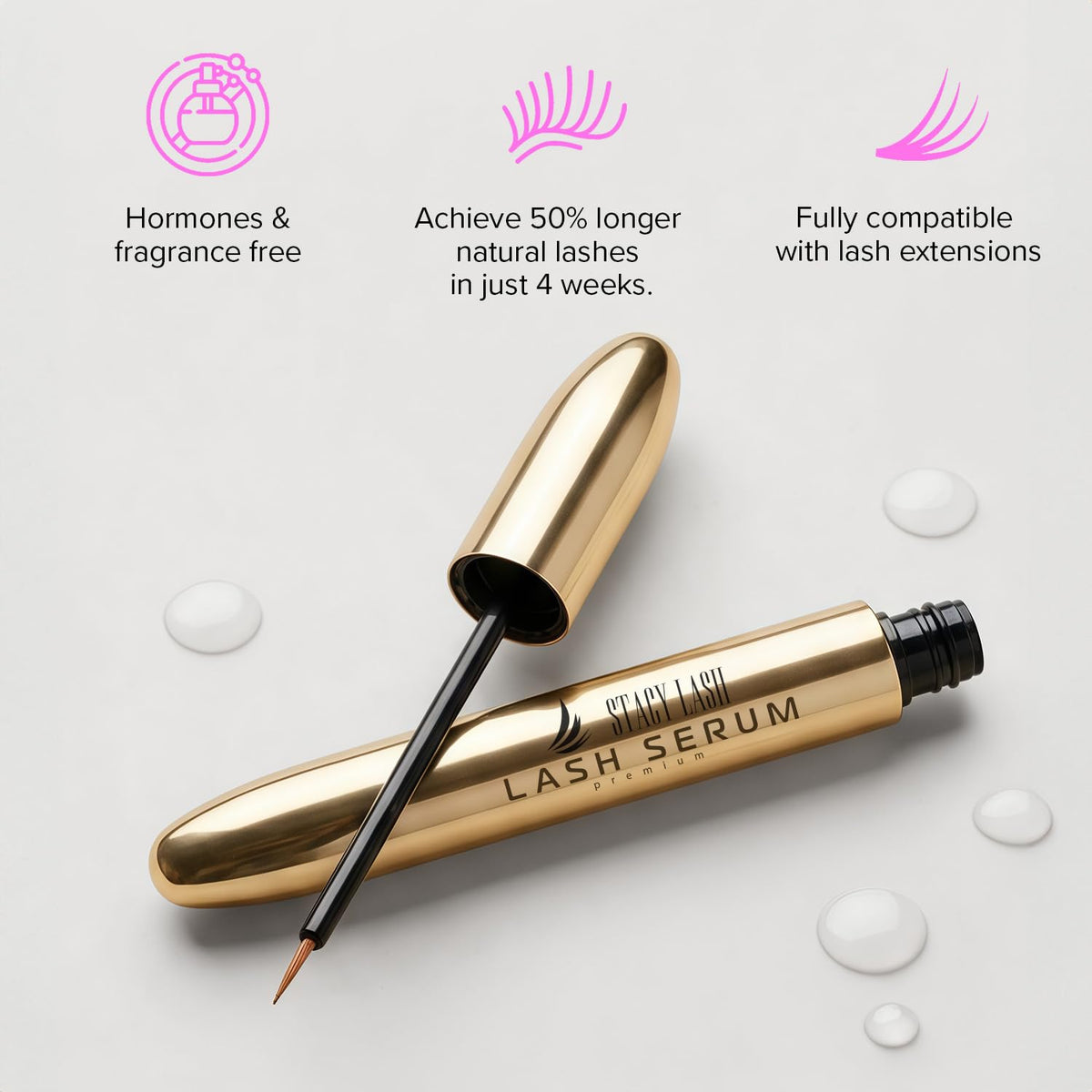 Stacy Lash Growth Serum packaging box, easy home use and storage.