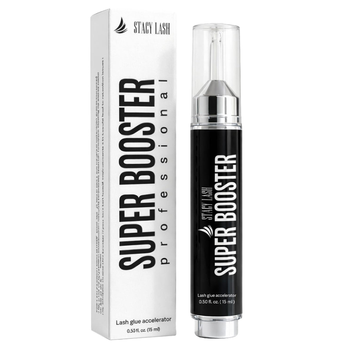 STACY LASH Super Booster bottle close-up showing fast curing potential for lash techs.