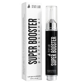 STACY LASH Super Booster bottle close-up showing fast curing potential for lash techs.