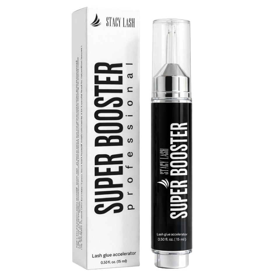 STACY LASH Super Booster bottle close-up showing fast curing potential for lash techs.