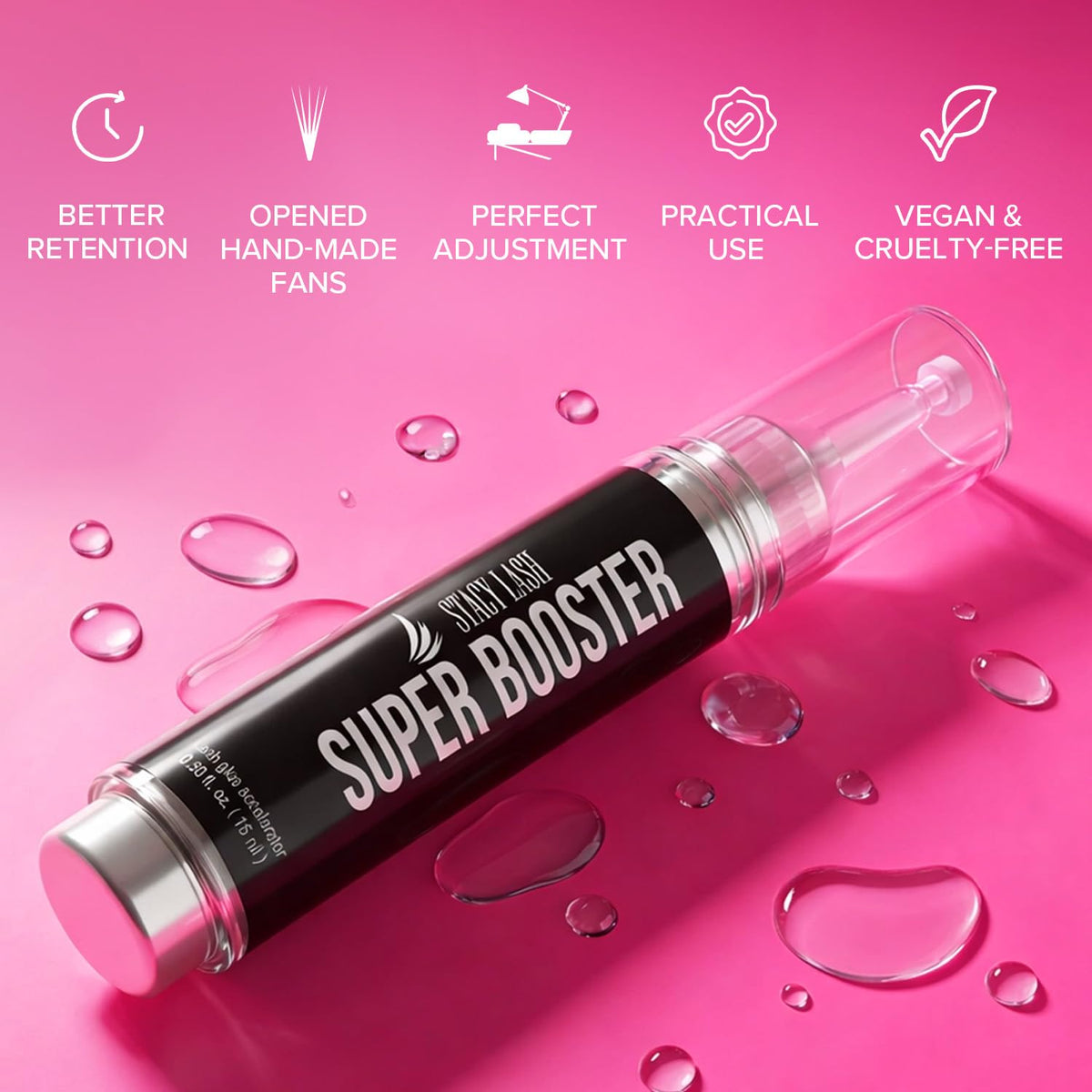 STACY LASH Super Booster packaging demonstrates hygienic, easy-to-handle design.