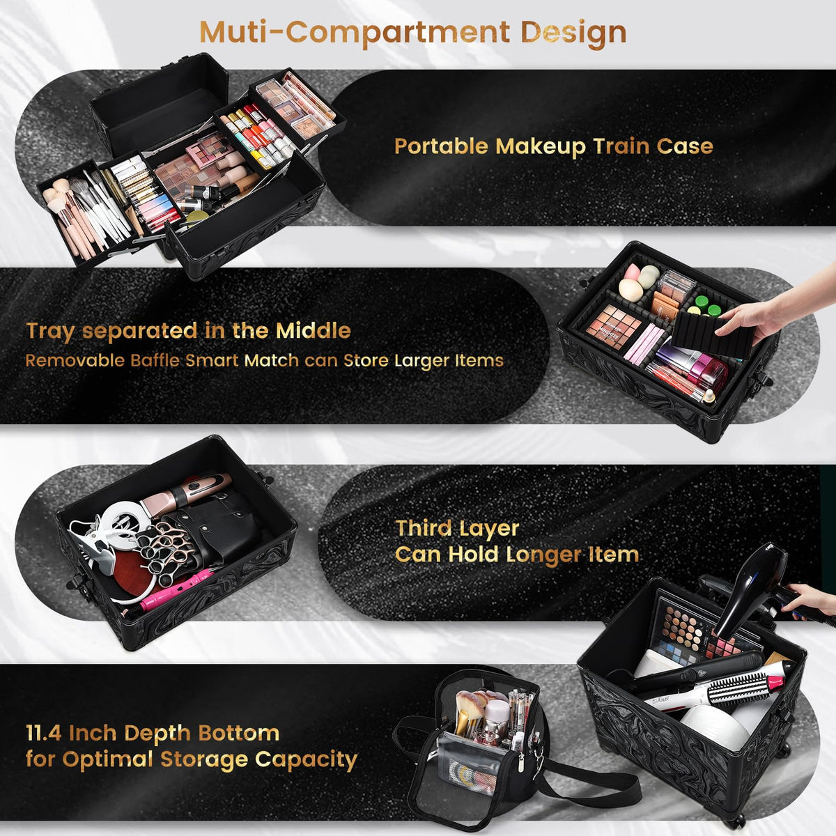 Stagiant cosmetology case on wheels enables smooth, quiet transport.