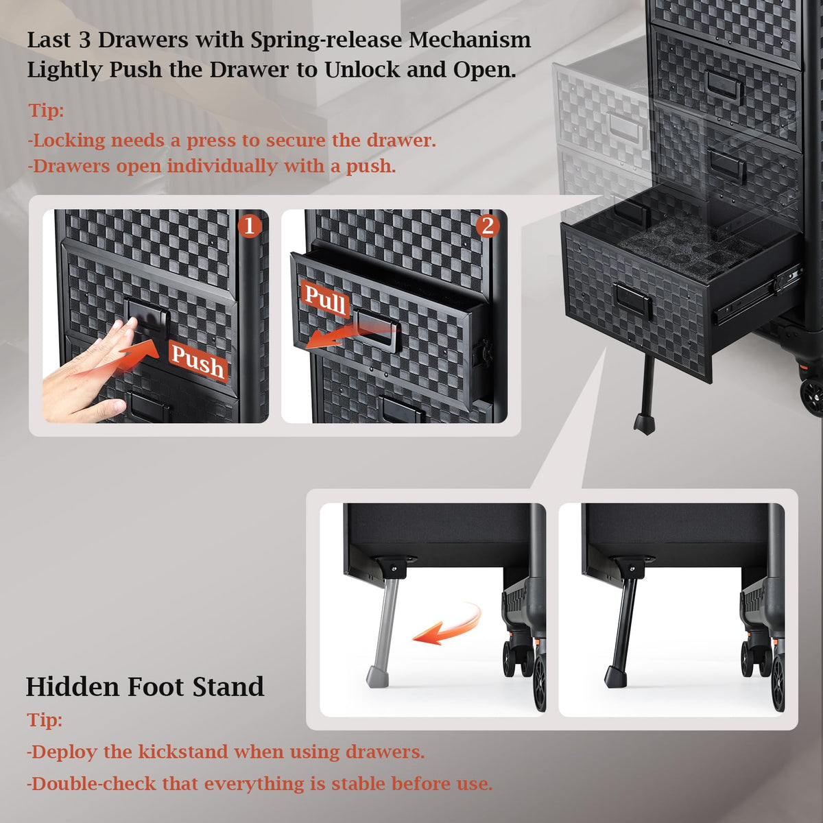 Stagiant cosmetic case shows hidden foot stand for stability.