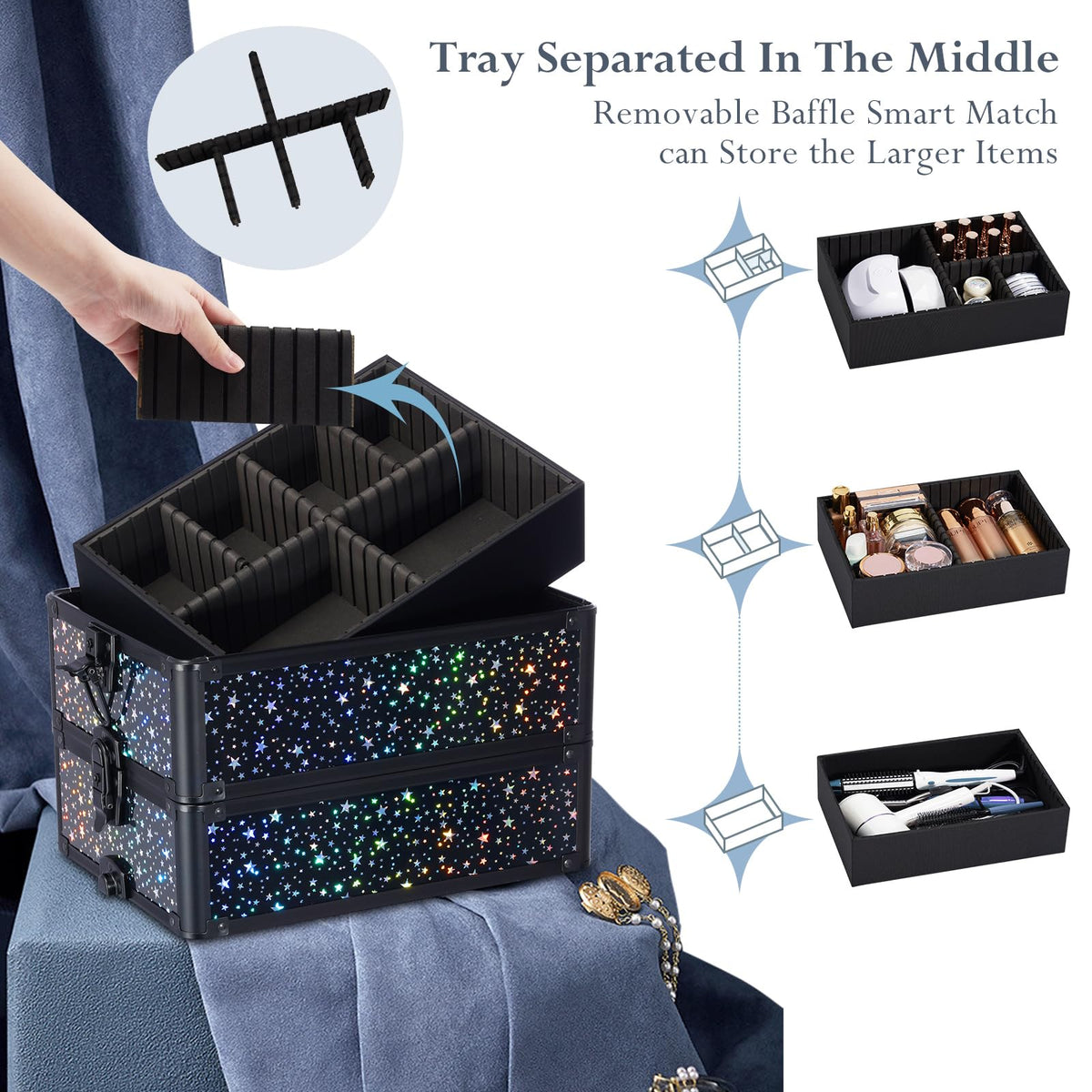 Stagiant interior lining in wear-resistant polyester keeps cosmetics clean