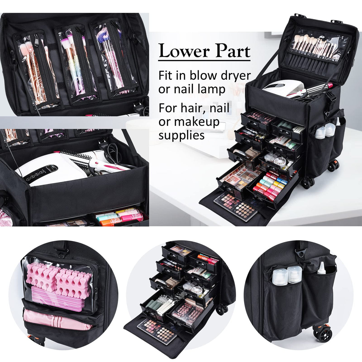 Stagiant lower rolling section supports hair styling practice and tool mobility.