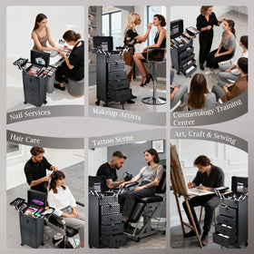 Stagiant cosmetology case in a studio setup with professionals.