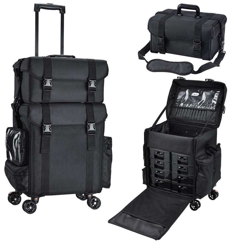 Stagiant professional rolling makeup case with soft sides keeps cosmetics organized on the go.