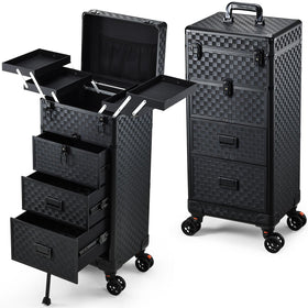 Stagiant rolling makeup case with black checkerboard exterior protects cosmetics on the go.