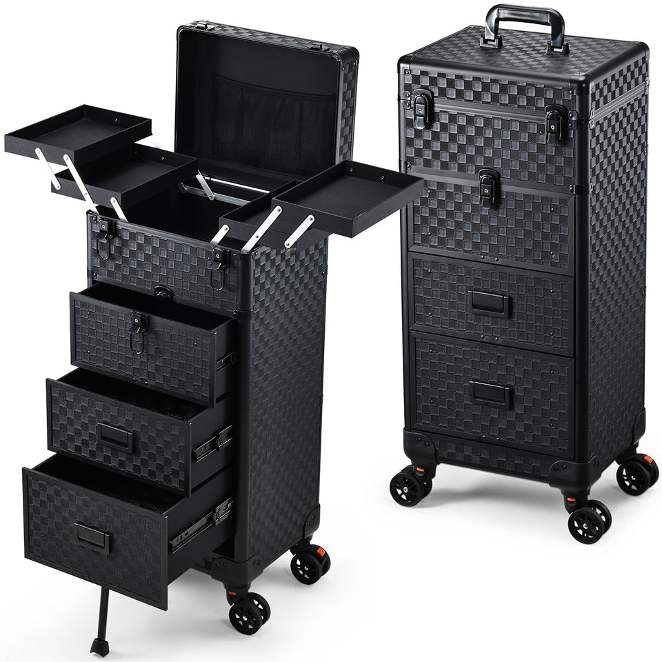 Stagiant rolling makeup case with black checkerboard exterior protects cosmetics on the go.