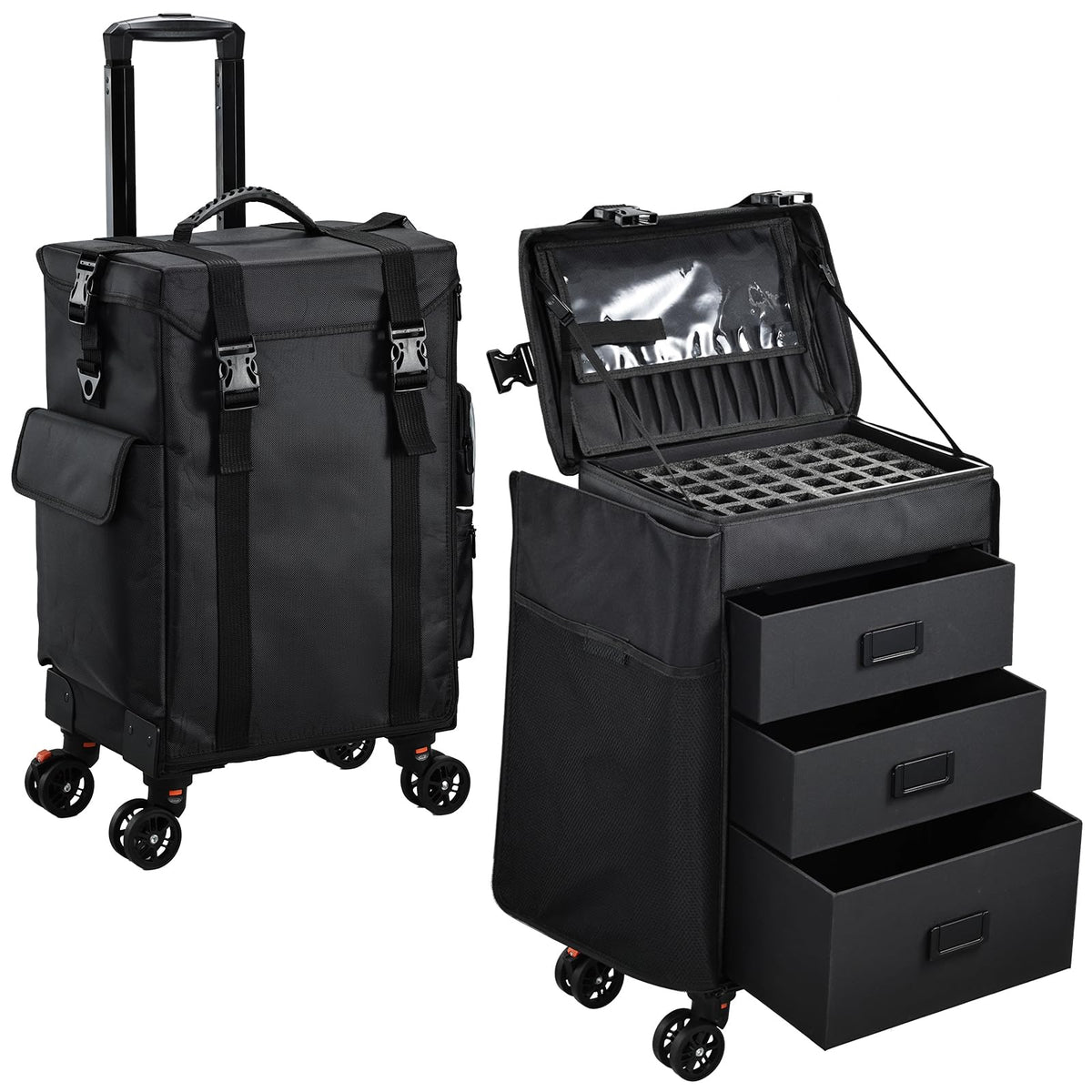 Stagiant rolling makeup case front view for easy transport.