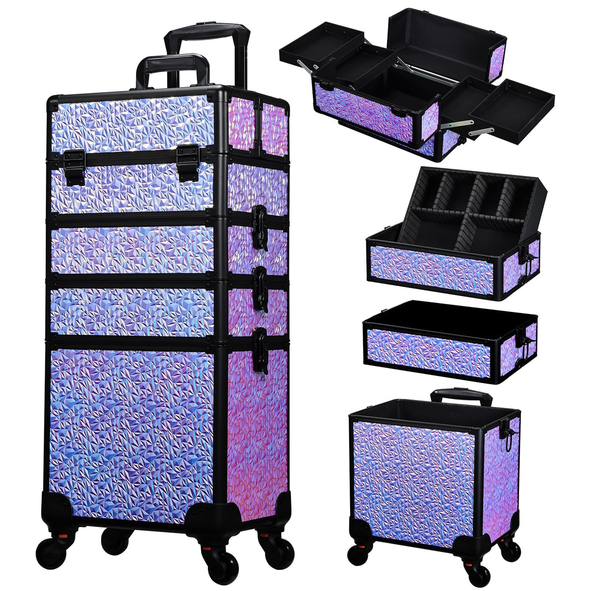 Stagiant rolling makeup case front view showing spacious storage and purple finish