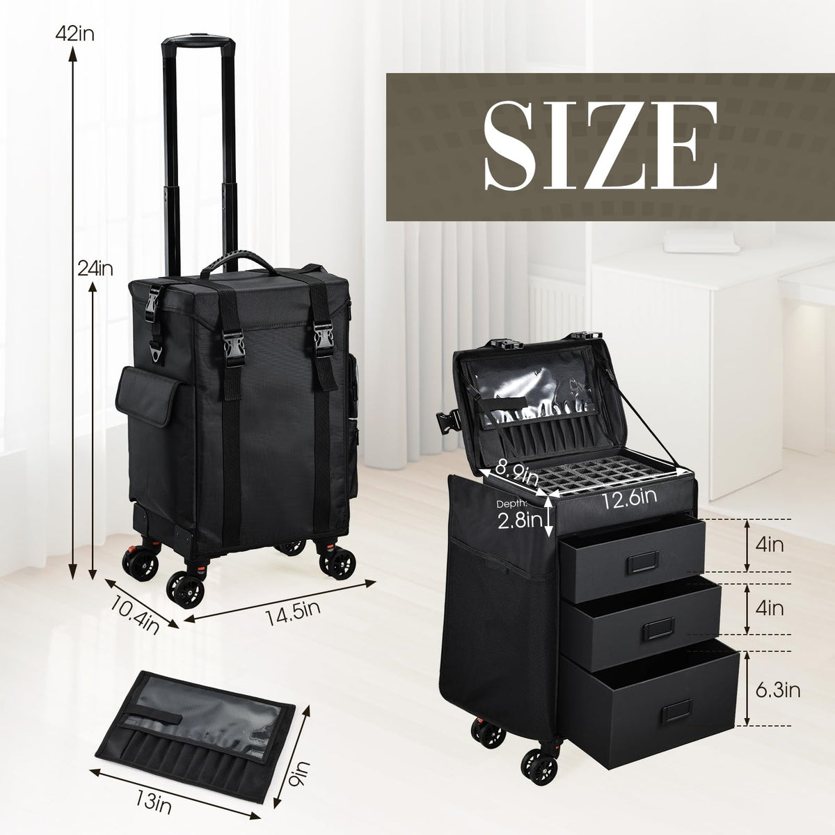 Stagiant rolling makeup case lid pouch for brushes.