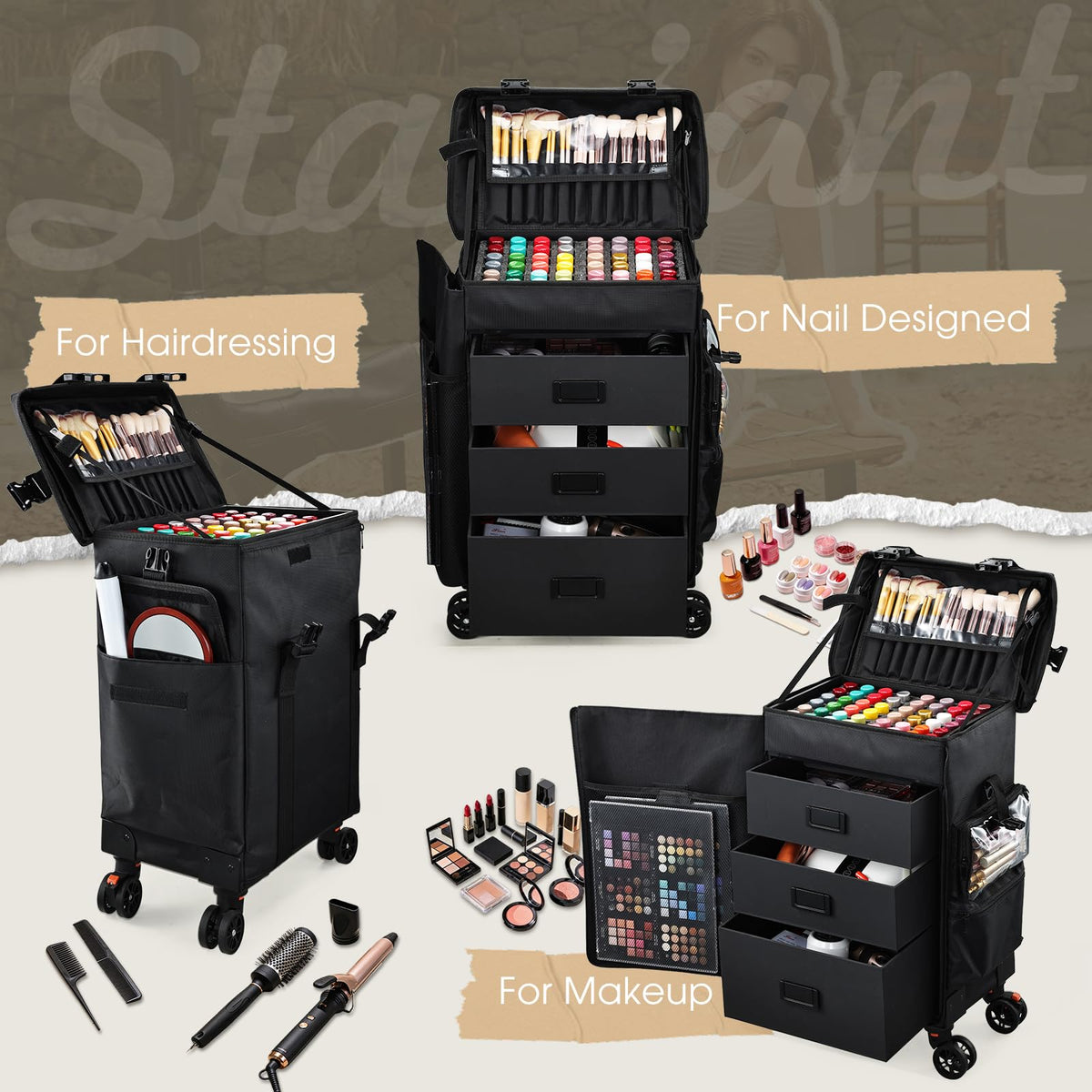 Stagiant rolling makeup case open-drawer layout for quick access.
