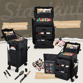Stagiant rolling makeup case open-drawer layout for quick access.